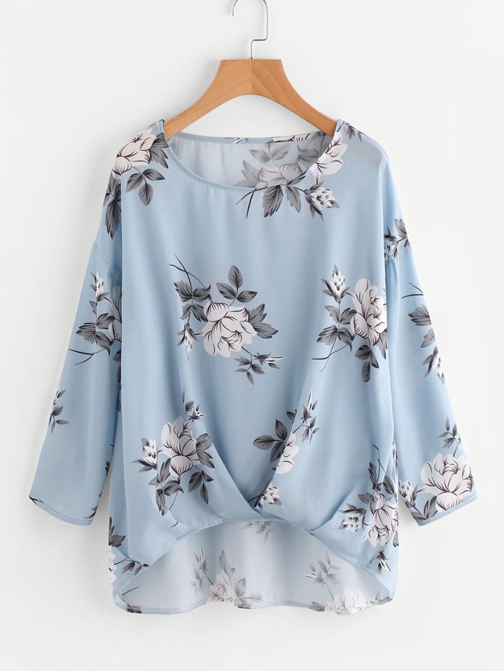 Romwe Box Pleated Gathered Hem Flower Print Top