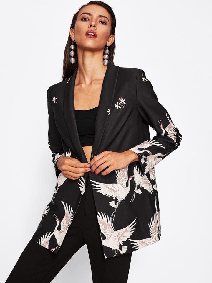 Romwe Crane Bird Print Longline Boxy Blazer