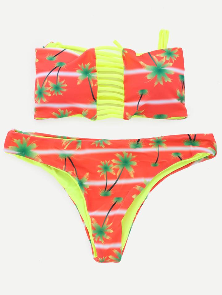 Romwe Red Tree Print Strappy Bandeau Bikini Set