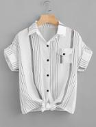 Romwe Striped Knot Front Cuffed Shirt With Chest Pocket