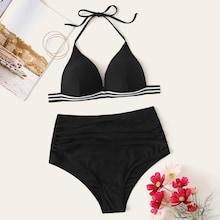 Romwe Striped Trim Halter Top With Ruched High Waist Bikini