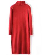 Romwe Red Turtle Neck Side Slit Sweater Dress