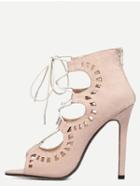 Romwe Apricot Faux Suede Cutout Lace-up Heeled Sandals
