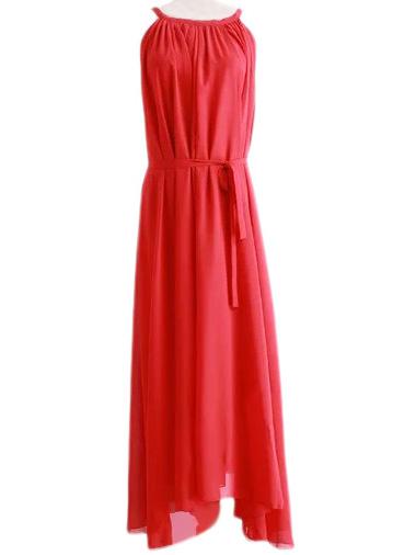 Romwe Red Tie-waist Chiffon Spaghetti Strap Beach Maxi Dress
