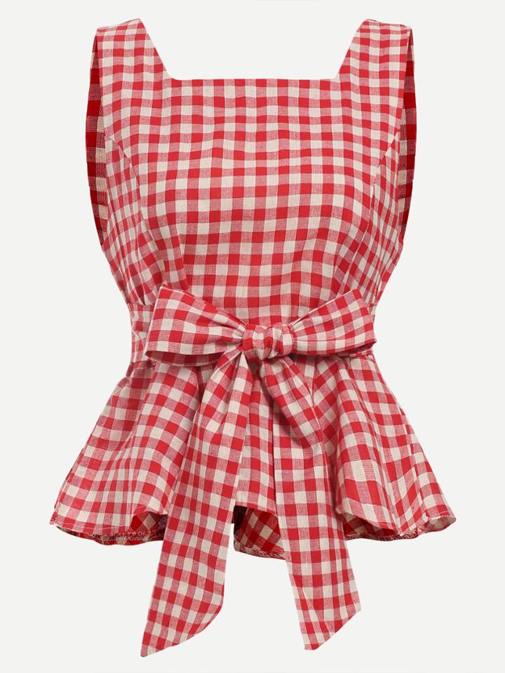 Romwe Red Checkerboard Self Tie Peplum Top