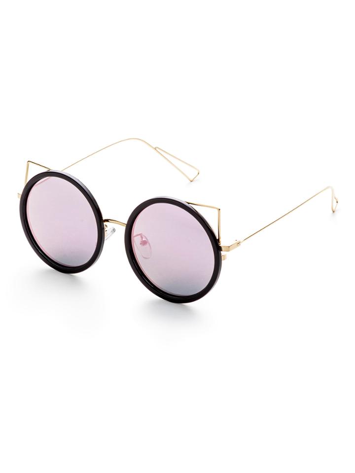 Romwe Black And Gold Frame Purple Lens Round Design Sunglasses