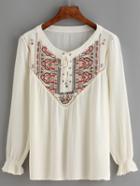 Romwe Embroidered Lace Up White Blouse