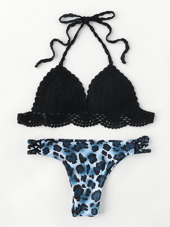 Romwe Leopard Print Mix & Match Crochet Bikini Set
