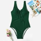 Romwe Lace-up Neck Low Back Scalloped One Piece Swimsuit
