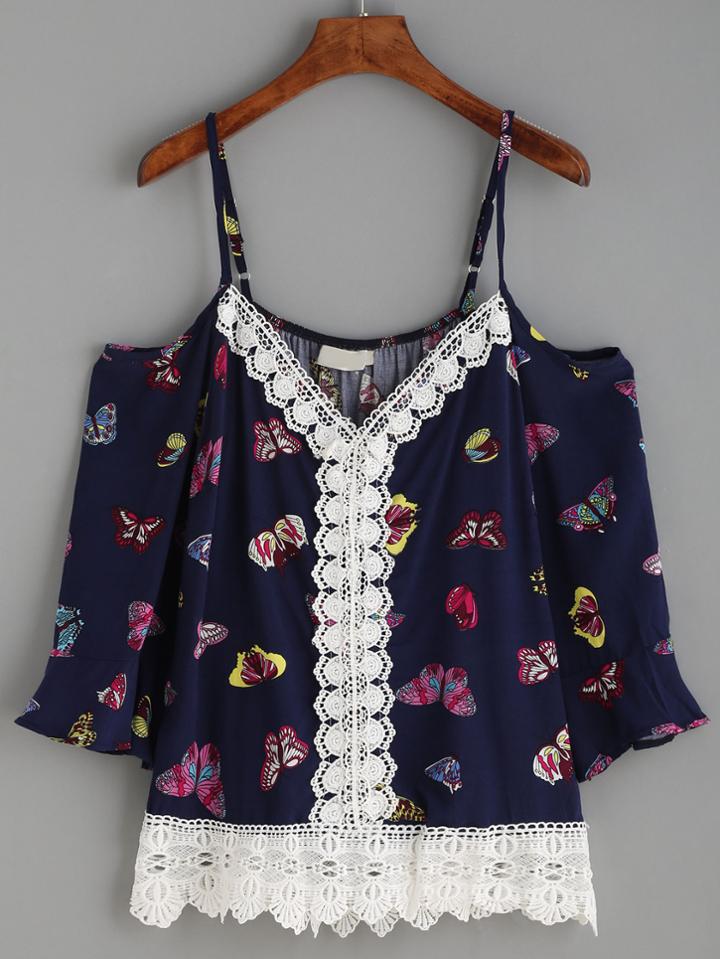Romwe Navy Butterfly Print Crochet Trim Cold Shoulder Top