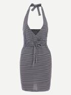 Romwe Halter Neck Surplice Front Black White Striped Dress