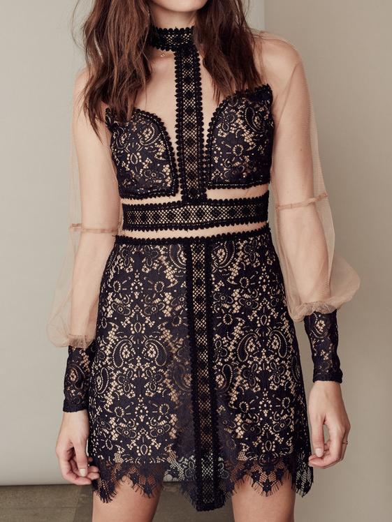 Romwe Lantern Sleeve Paisley Lace Cut Out Tulle Panels Dress