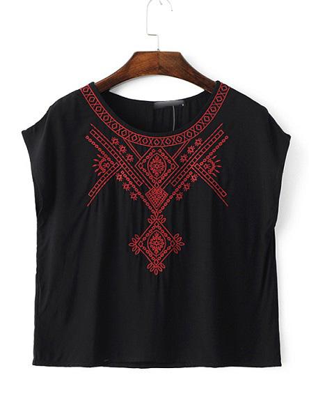 Romwe Black Cap Sleeve Embroidery T-shirt