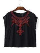 Romwe Black Cap Sleeve Embroidery T-shirt