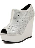 Romwe Silver Side Zipper Rhinestone Peep Toe Wedges Pumps