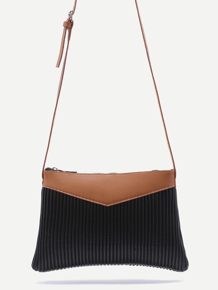 Romwe Black Ribbed Pu Zip Closure Crossbody Bag