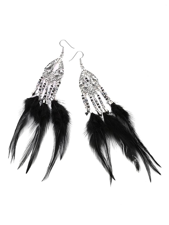 Romwe Feather Tassel Drop Earrings With Beads