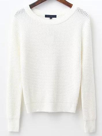 Romwe White Waffle Knit Ribbed Trim Sweater