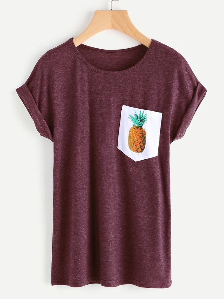 Romwe Contrast Pineapple Print Pocket Marled Cuffed Tee