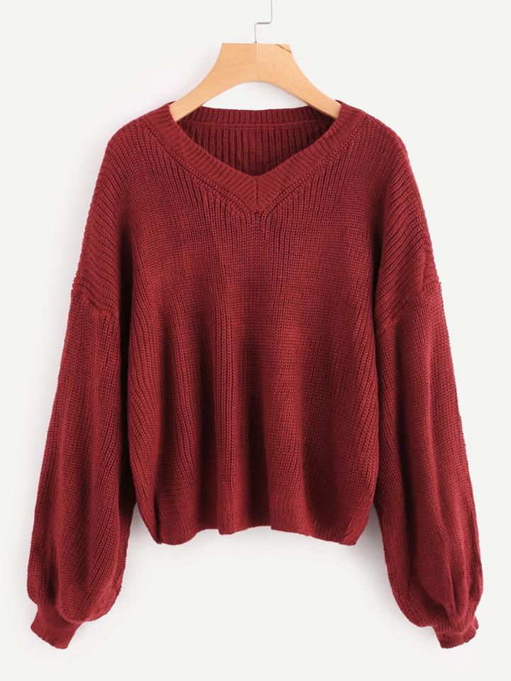 Romwe Bell Sleeve V Neckline Drop Shoulder Sweater