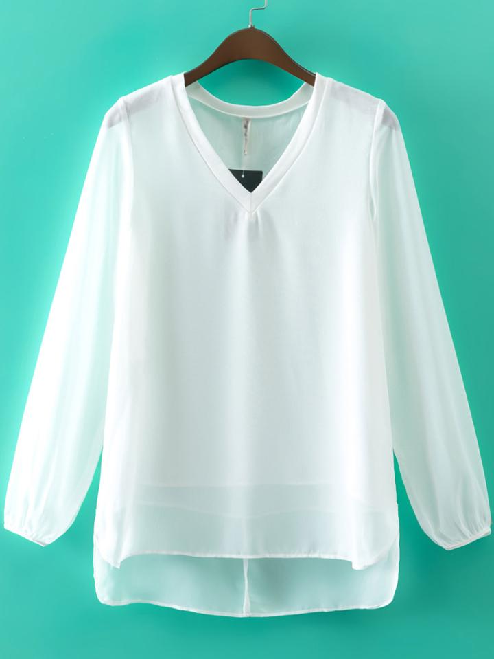 Romwe White V Neck Dipped Hem Sheer Blouse