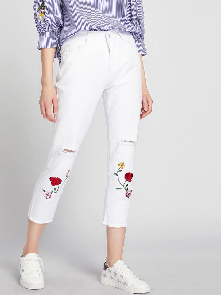 Romwe Floral Embroidered Destroy Fray Hem Crop Jeans