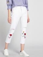 Romwe Floral Embroidered Destroy Fray Hem Crop Jeans