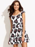 Romwe White Flower Print Cap Sleeve Zipper Back Flare Dress