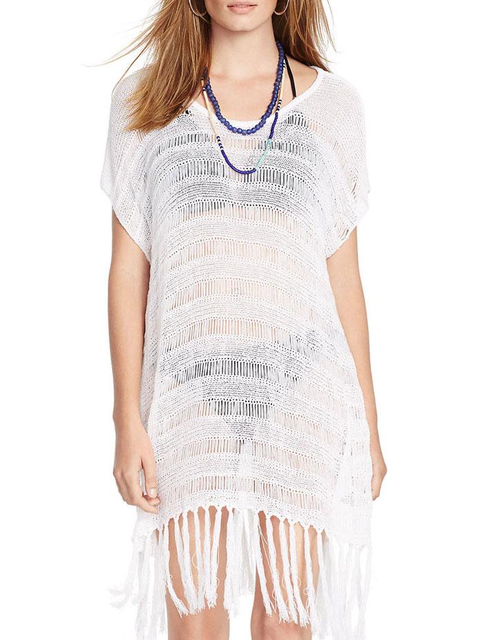 Romwe White Fringe Split Beach Dress
