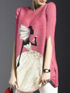 Romwe Pink Elastic Pleated Character Print Shift Dress
