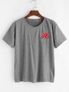 Romwe Grey Rose Embroidered T-shirt