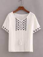 Romwe White Lace Up Snowflake Embroidered Shirt