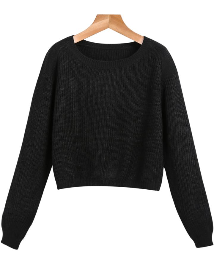 Romwe Crop Cable Knit Black Sweater