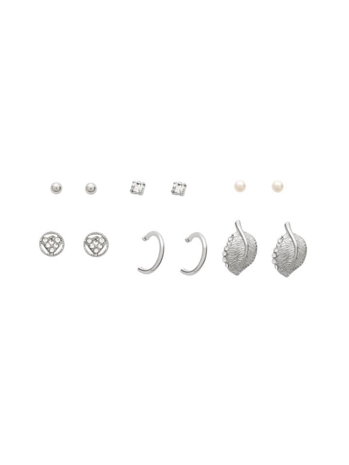 Romwe Silver Rhinestone Faux Pearl Stud Earrings Set