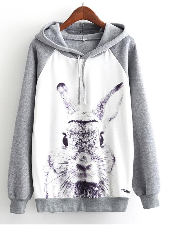 Romwe Rabbit Pattern Raglan Sleeve Marled Hoodie
