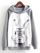 Romwe Rabbit Pattern Raglan Sleeve Marled Hoodie