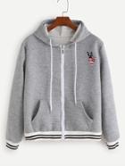 Romwe Light Grey Striped Trim Patch Hooded Textured Jacket
