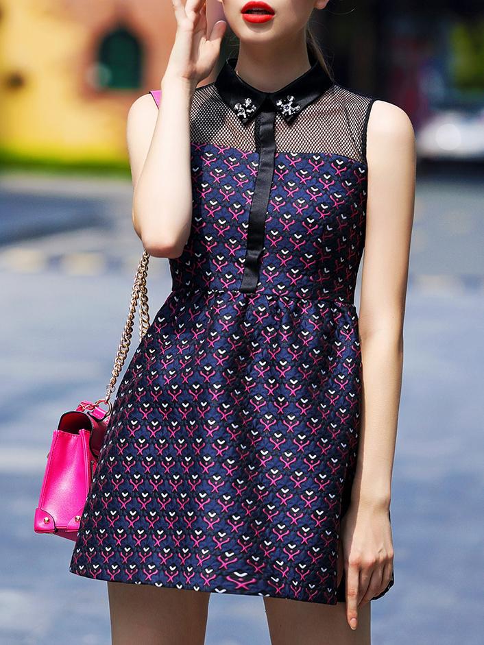 Romwe Purple Lapel Sleeveless Contrast Gauze Beading Jacquard Dress