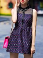 Romwe Purple Lapel Sleeveless Contrast Gauze Beading Jacquard Dress