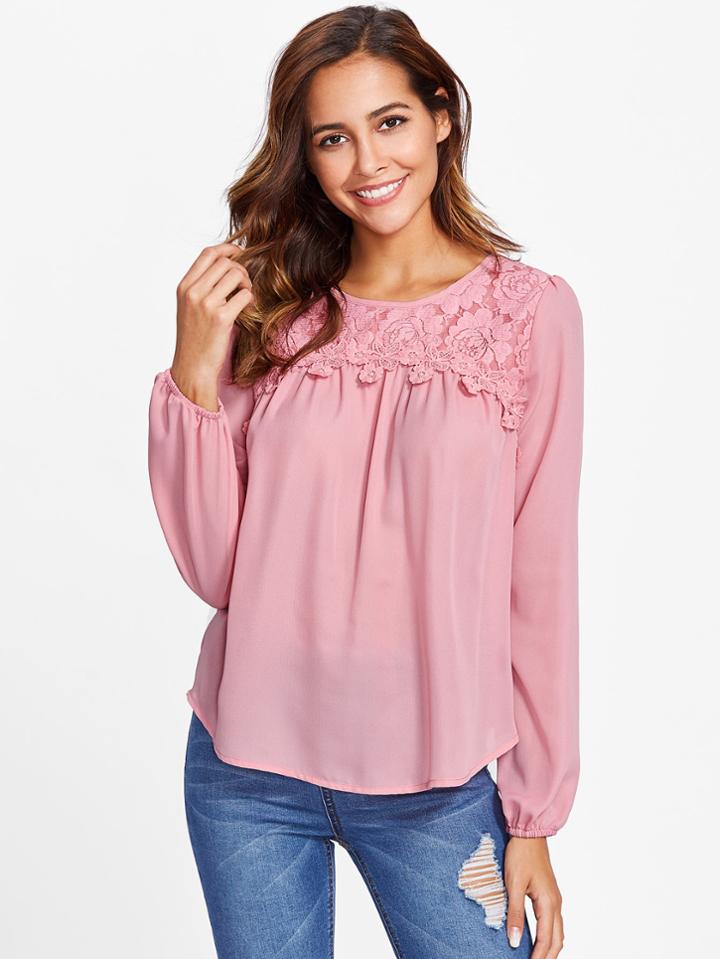 Romwe Lace Yoke Applique Detail Curved Hem Blouse