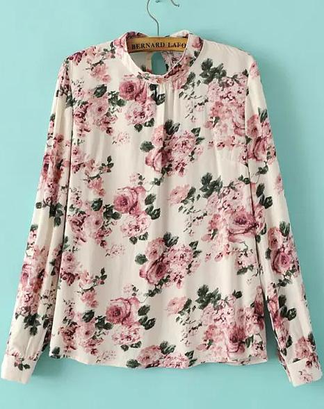Romwe Floral Print Slim Beige Blouse