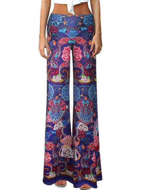 Romwe Elastic Waist Wide Leg Printed Blue Pant