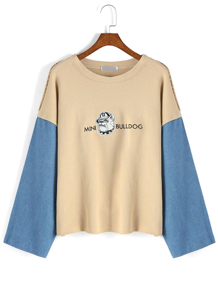 Romwe Contrast Denim Letter Embroidered Khaki Sweatshirt