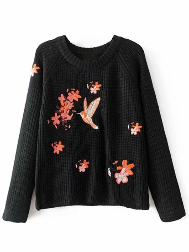 Romwe Embroidered Raglan Sleeve Sweater