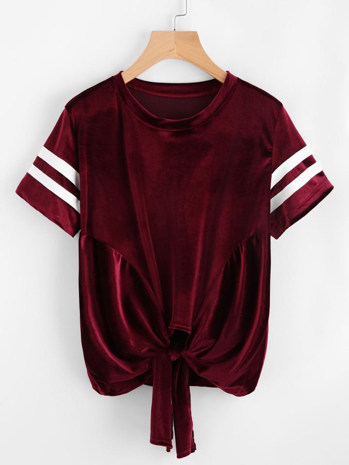Romwe Velvet Varsity Striped Knotted Hem Tee