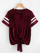 Romwe Velvet Varsity Striped Knotted Hem Tee