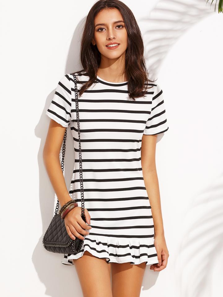 Romwe Black White Striped Ruffle Tee Dress