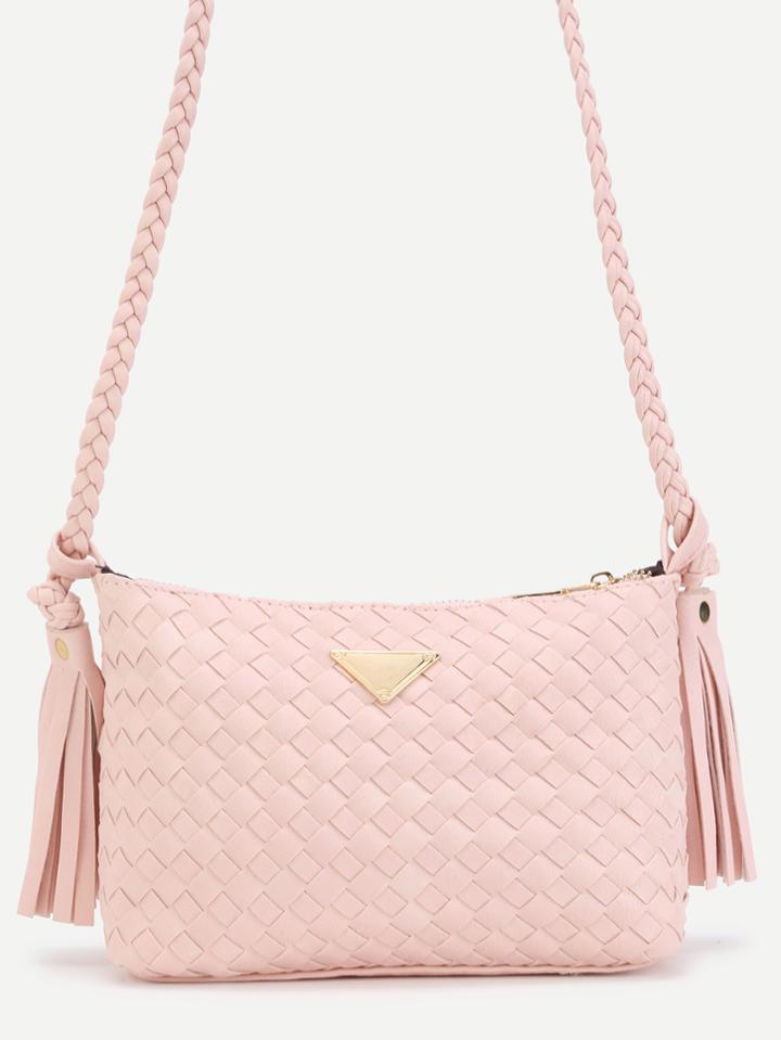 Romwe Pink Woven Pu Tassel Trim Crossbody Bag