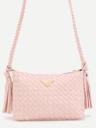 Romwe Pink Woven Pu Tassel Trim Crossbody Bag