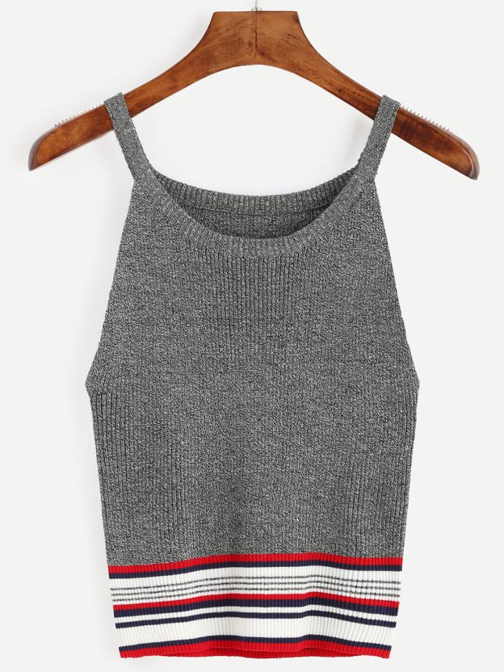 Romwe Grey Marled Knit Striped Trim Knit Cami Top